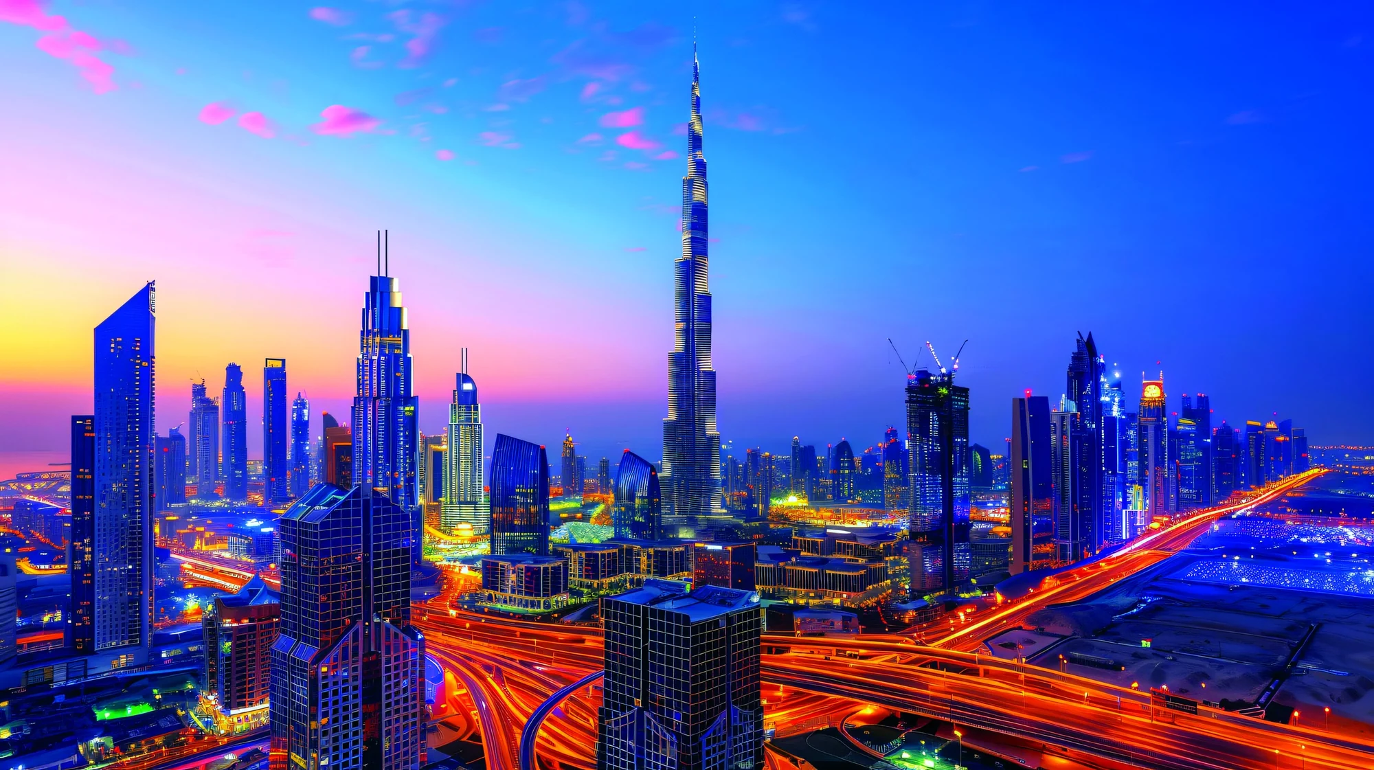Dubai skyline with the Burj Khalifa at dusk